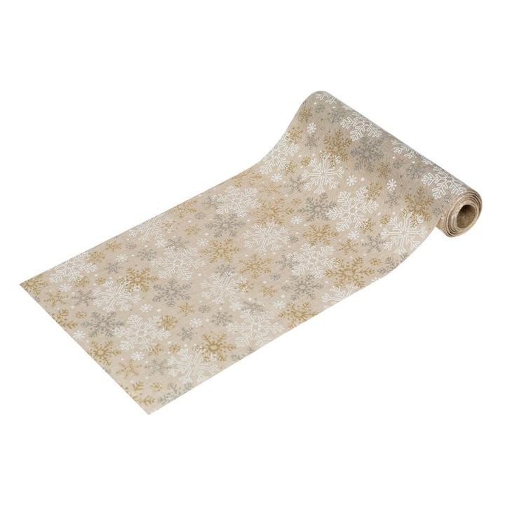 Tesatura Decorativa, Model Bej, Fulgi Albi si Aurii, Glitter Argintii, Dimensiuni 5m x 24cm, MYONNA IT & E- COMMERCE ®