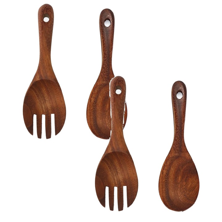 Set 2 Tacamuri din Lemn Natural, Lingura si Furculita, 27x6.8cm, Acacia