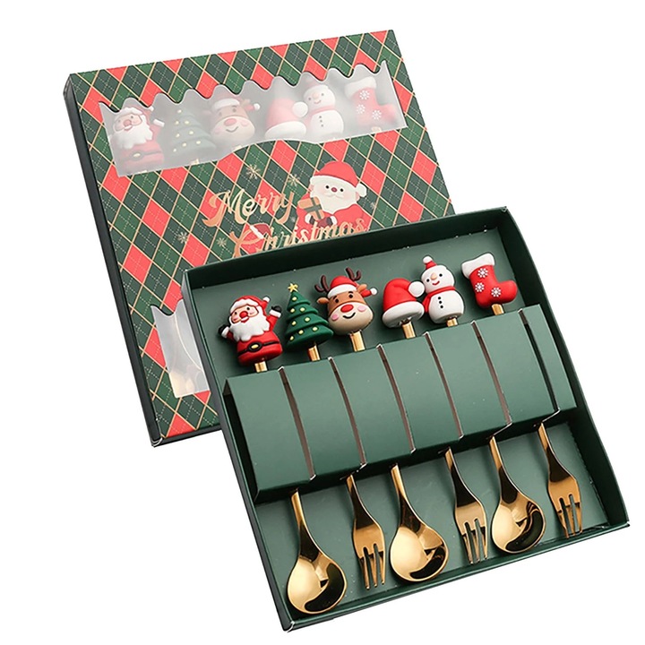 Set tacamuri de Craciun, linguri din inox cu pandantive, argintii, 6 piese