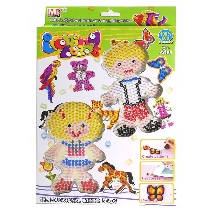 Set margele termoadezive Iron Bead – 500 buc, matrite baiat si fetita, accesorii incluse, 6+ ani