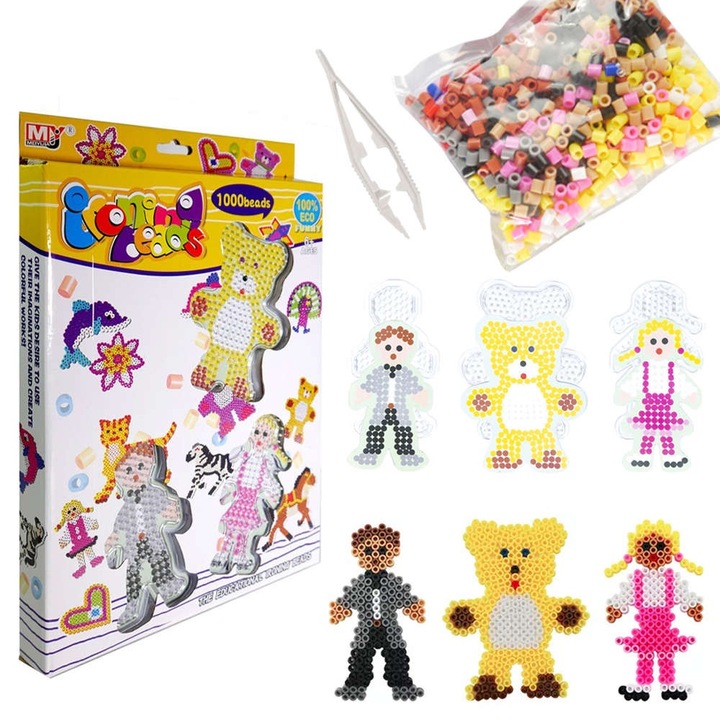 Set margele termoadezive – 1000 buc, matrite baiat, fetita si ursulet, accesorii incluse, 6+ ani