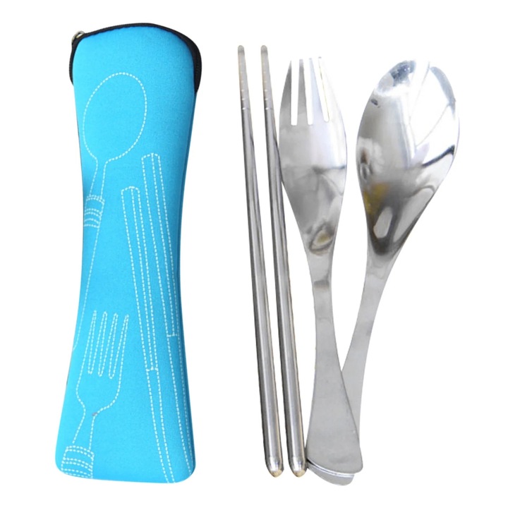 Set Tacamuri Portabil 3Pcs Inox, Culoare Argintie, Dimensiuni: 20x6.5cm (sac), 16.5cm (furculita), 18.7cm (betisoare), 16.5cm (lingura)
