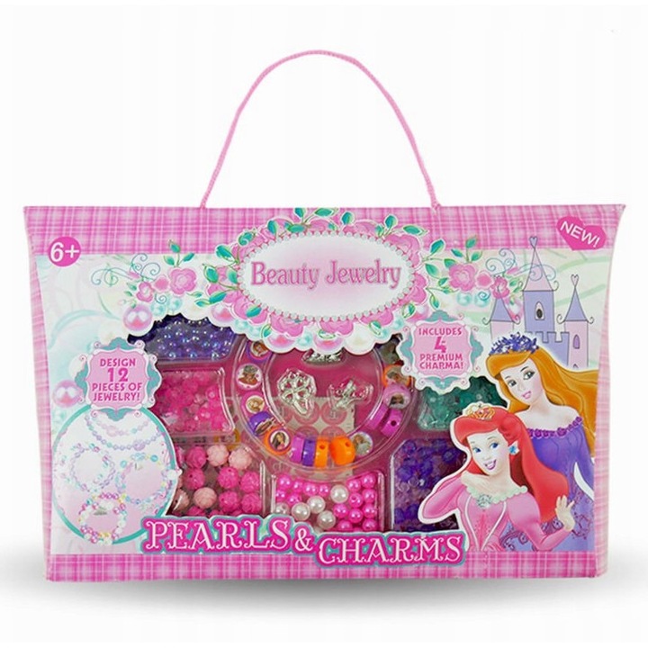 Set margele cu autocolante pentru bratari si coliere – modele cu printese, 6+ ani