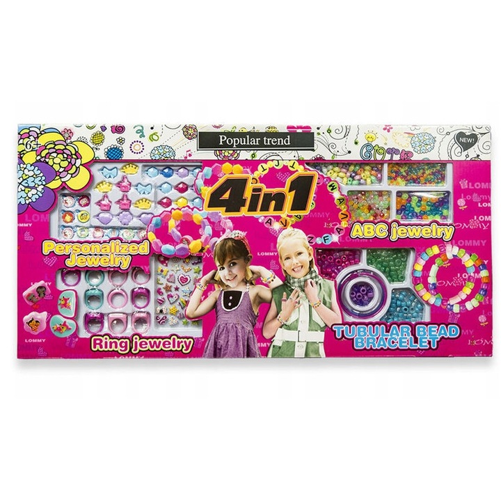 Set Margele 4 in 1 pentru Bijuterii DIY – Bratari, Coliere, Inele si Accesorii – Activitati Creative pentru Fete +6 Ani