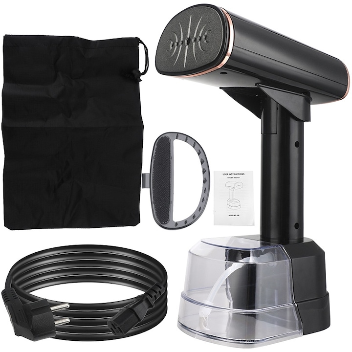 Fier de calcat Vertical cu Abur, Rqiurpn, Display LCD, 1500W, 20s Timp de incalzire, Debit de abur 24 g/min, Doua moduri de temperatura 130°C si 150°C, Rezervor de 400 ml, Perie, Negru