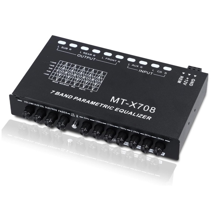 Amplificator auto Rqiurpn, egalizator cu 7 benzi, 12 canale, negru, 80W, Reducere Zgomot, DSP, Negru, 18.5x12x3cm