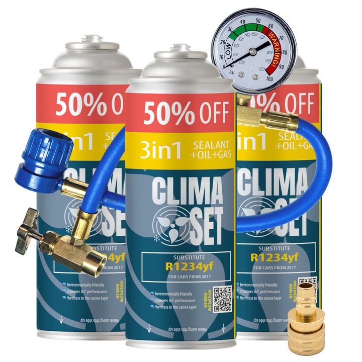 Autóklíma karbantartó készlet ClimaSet, 3x ClimaSet 3in1 R1234yf, Tömlő nyomásmérővel, Adapter Az