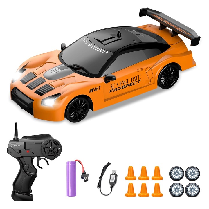 RC távirányítós autó, Drift autó, 15 km/h, 4x4, LED fények, cserélhető gumik, gyerekeknek készült játék, 1:24, Narancssárga