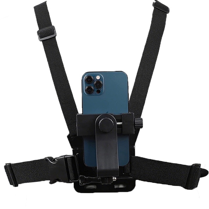Suport pentru telefon mobil, prindere pe piept, ajustabil, rotire 360°, pentru sporturi de actiune, negru