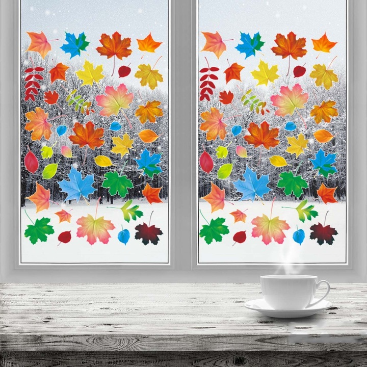 Autocolante decorative pentru geam ZYBLSSBB cu frunze de toamna, PVC static reutilizabile, multicolor