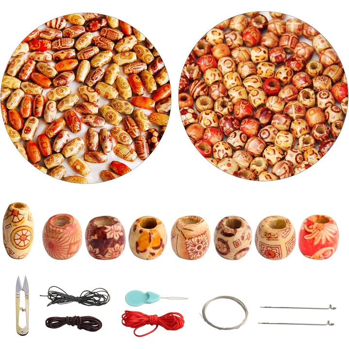 Set 200 Margele din Lemn Natur Vopsit 12mm – Margele Rotunde si Tubulare pentru Bijuterii, Macrame, Bratari, Coliere, Rozarii, Accesorii Par – Include Ata, Ac de Insirat si Foarfeca