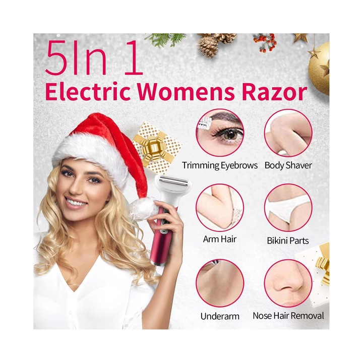 Epilator electric pentru femei 5 in 1, trimmer bikini, utilizare umeda si uscata, fara durere, incarcare USB, portabil