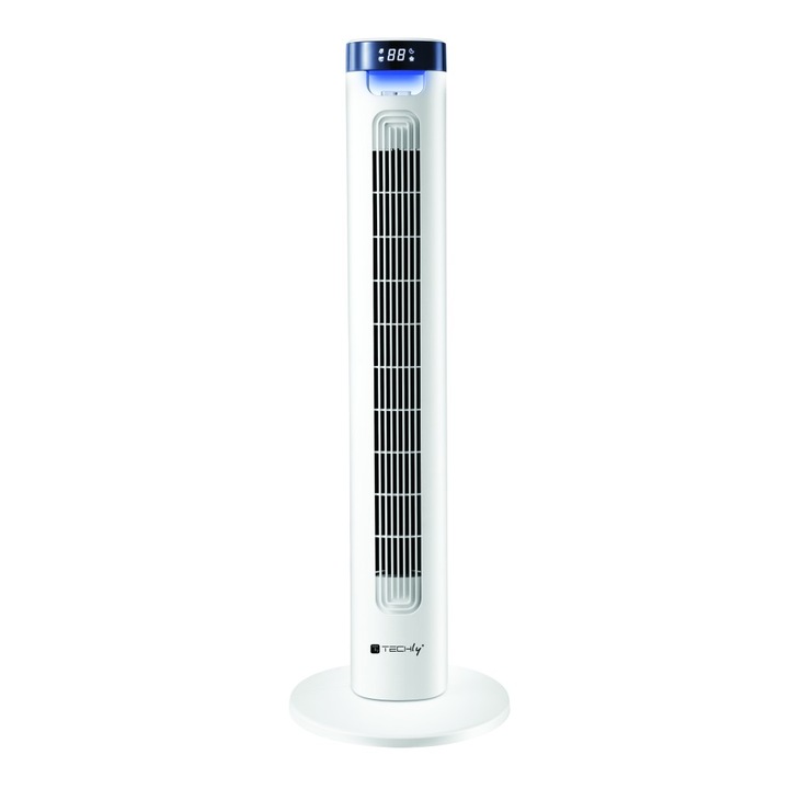 Ventilator tip turn cu telecomanda, 36", 50W, 3 trepte de putere, timer 8 ore, panou de control tactil si digital, oscilare la 75 grade, Alb, Techly, IC-FAN-TF2