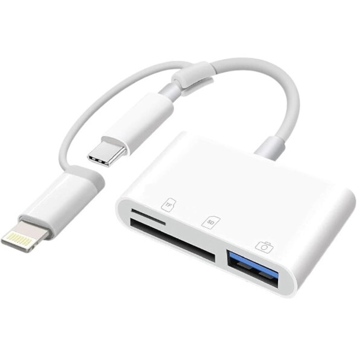 Четец на карти 3 в 1, USB-C, micro SD/TF, бял, до 256GB, комплект съвместим с iPhone 15/Plus/Pro/Max, iPad, MacBook, Samsung