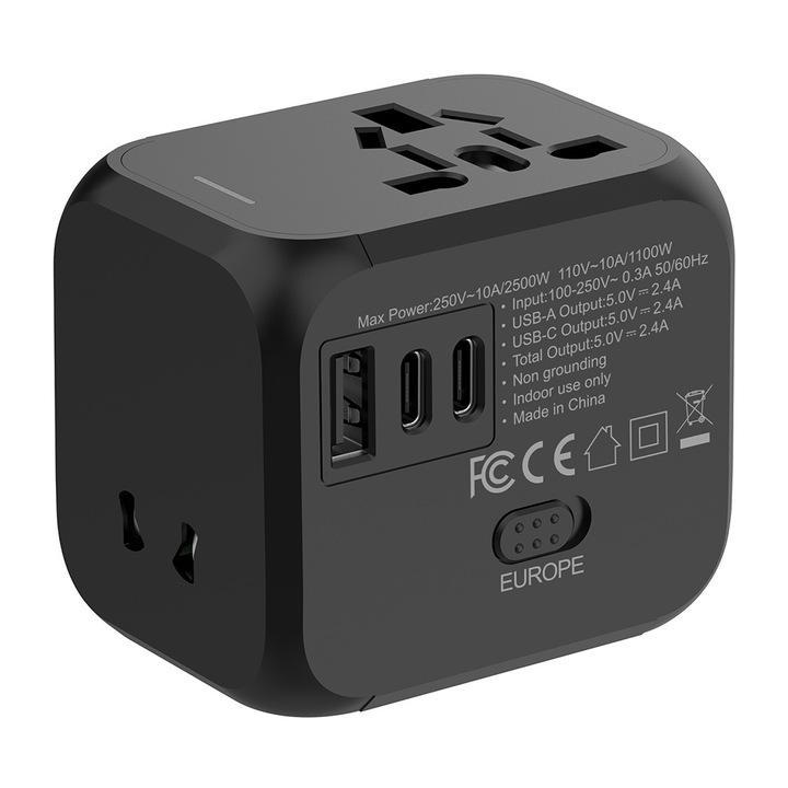 Универсален адаптер за пътуване, 1USB+2Type-C, 110V-250V, черен, 6.6x5.7x5.6см