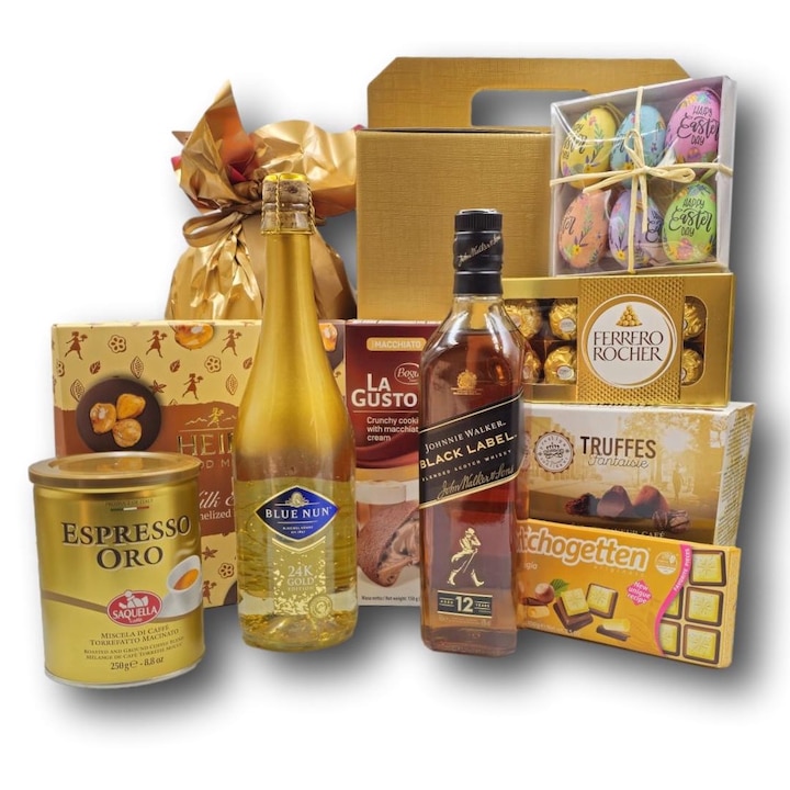 Pachet cadou special pentru Paste, CADOURI PREMIUM, model Golden Easter, cu spumant Blue Nun imbogatit cu aur 24k, Whisky Johnnie Walker Black Label, cafea premium Saquella, surprize dulci si accesorii special selectionate pentru sarbatori pascale unice