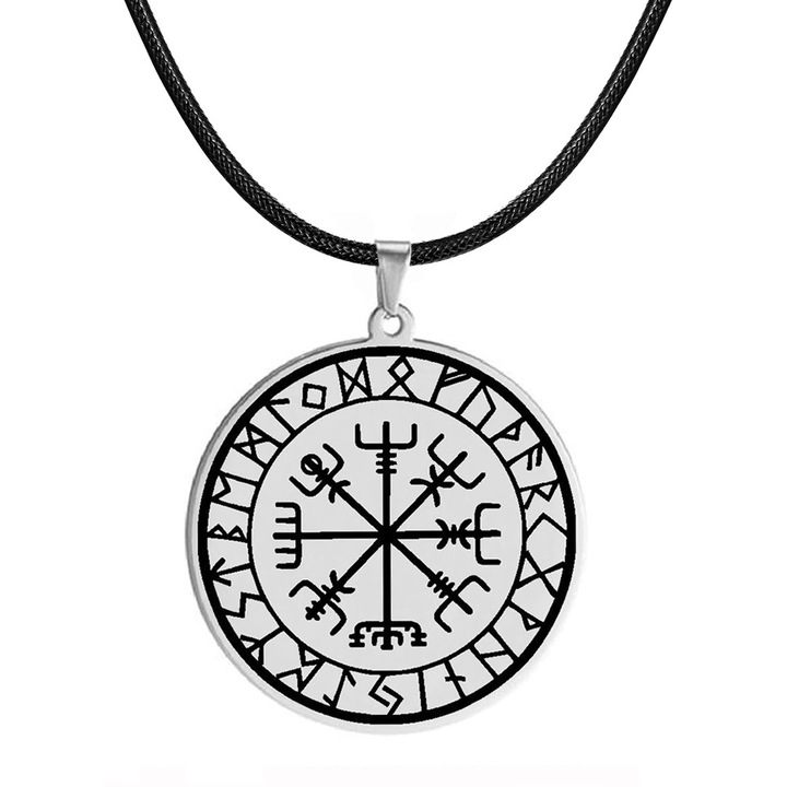 Colier talisman Vegvísir, farmec norocos, Viking Necklace, busola nordica vikinga, pandantiv cu rune magice, energie mistica, cadou unic, simbol al credintei si individualitatii, Otel titan