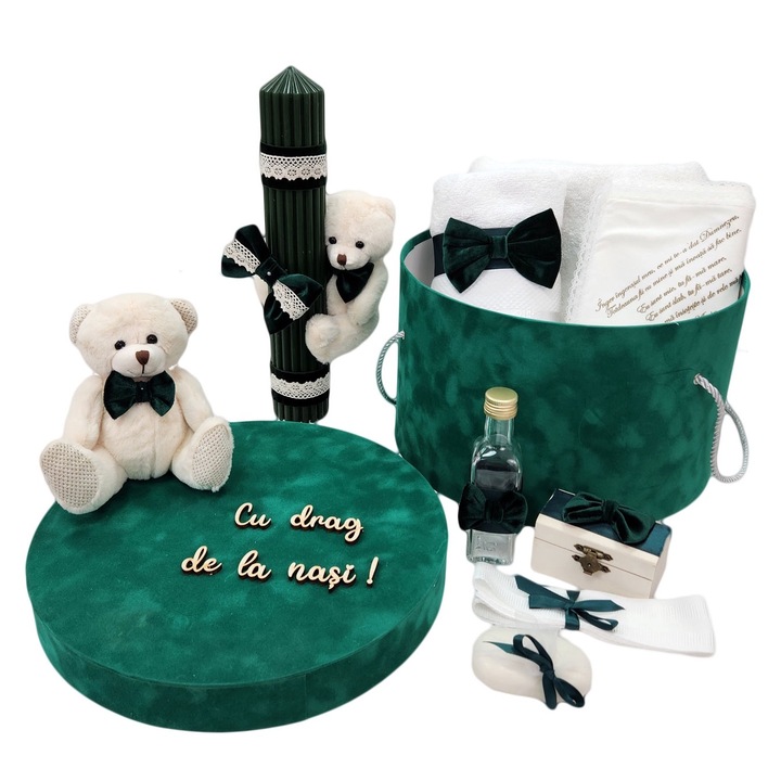 Trusou botez in cutie cu Ursulet si lumanare botez, culoare verde