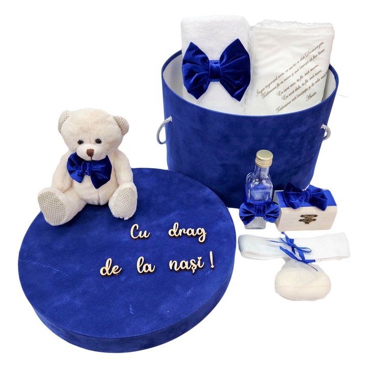 Trusou botez in cutie cu Ursulet, culoare albastra