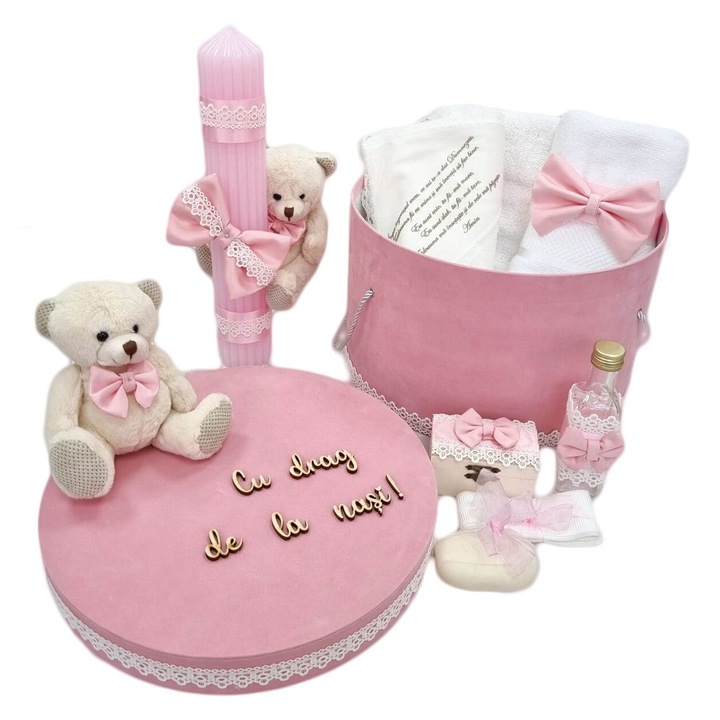 Trusou botez in cutie cu Ursulet si lumanare botez, culoare roz