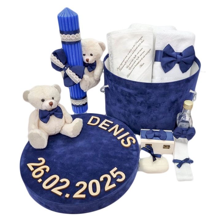 Trusou botez personalizat in cutie cu Ursulet si lumanare botez, pentru baieti, culoare bleumarin