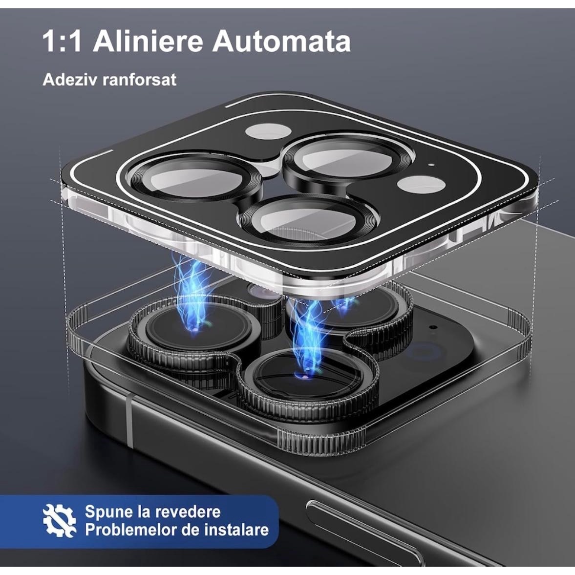Set Folie de Protectie pentru Camera Foto compatibile cu Apple Iphone 16 Pro Max/16 Pro, Sticla Securizata 9H, Easy Application, transparent-negru