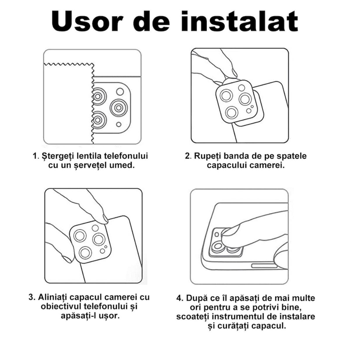 Set Folie de Protectie pentru Camera Foto compatibile cu Apple Iphone 16 Pro Max/16 Pro, Sticla Securizata 9H, Easy Application, transparent-negru