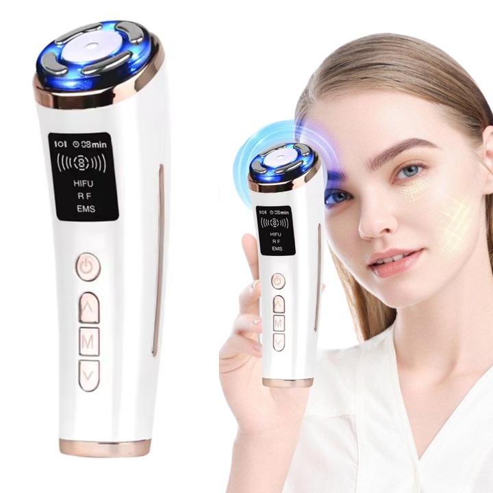 Professzionális arckezelő és bőrfiatalító készülék, YH09, 7 az 1-ben, RF rádiófrekvencia, HIFU ultrahang, lifting, EMS, mezoterápia, 3 fényes fototerápia, bőrtisztítás, ránctalanítás/sötét karikák/akne elleni kezelés, hámlasztás, fehér