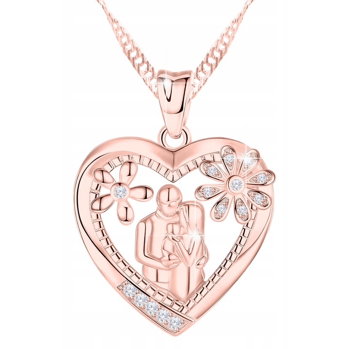 Colier, Larezo, Familie, Argint 925, Zirconii, Aur Roz 18K, Lungime 42 cm + 3 cm, Dimensiuni Pandantiv 17 mm x 17 mm, Greutate 4.5 g, Cutie Premium Pentru Bijuterii Cadou, Roz