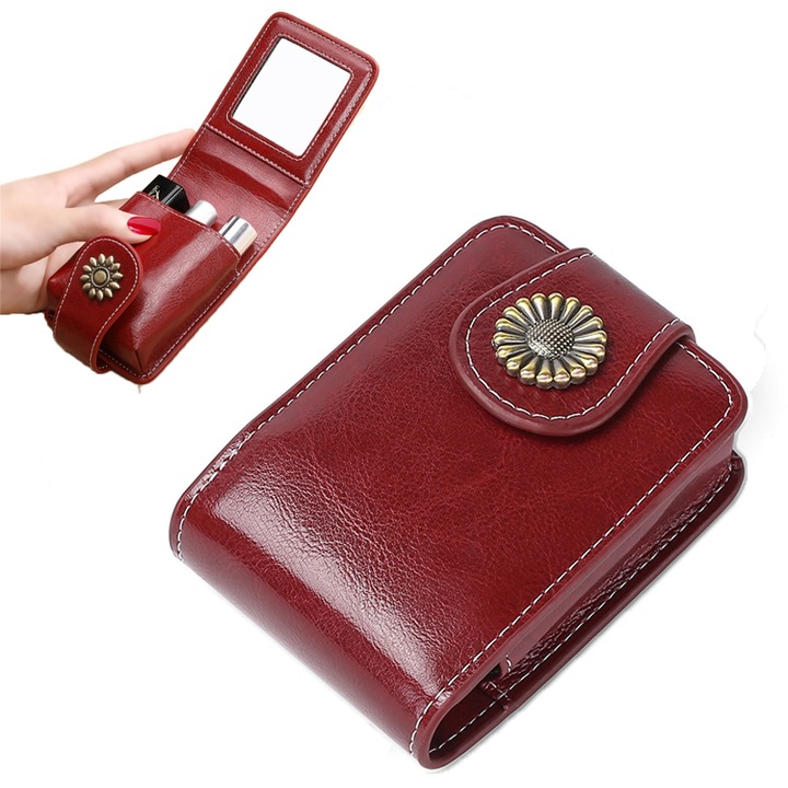 Portfard cosmetic, BOMSTOM, piele ecologica, impermeabila, cu oglinda, compacta si portabila, 10x7x3 cm/3.94x2.76x1.18 inch, rosu