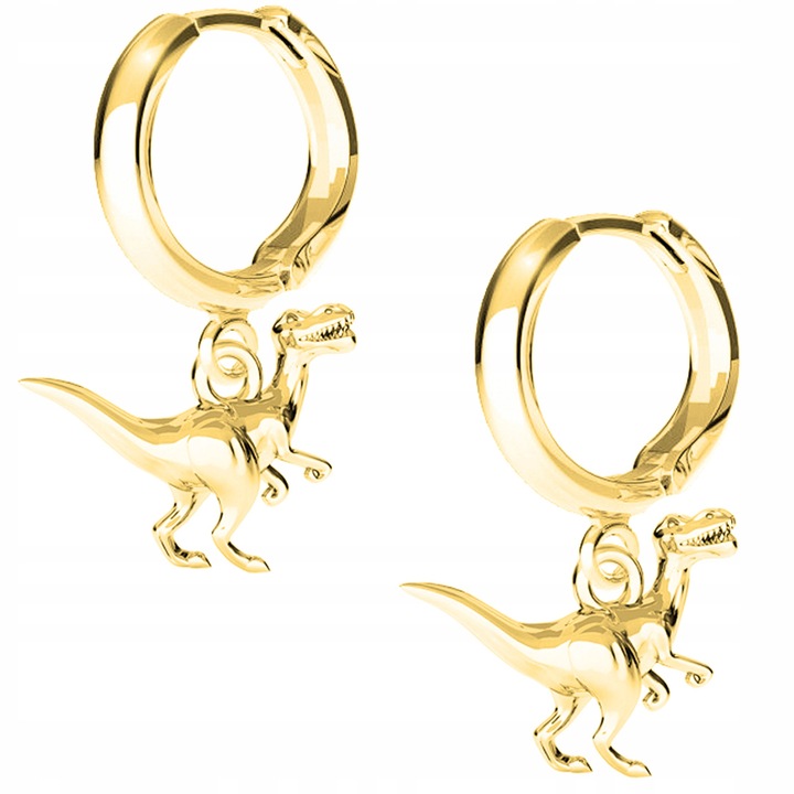 Cercei, Larezo, Dinozaur, Argint 925, Aurit 24 Karate, Cercei Englezesti, 1.2 cm Pandantiv, Cutie Premium Pentru Bijuterii, Pentru Femei, Argintiu