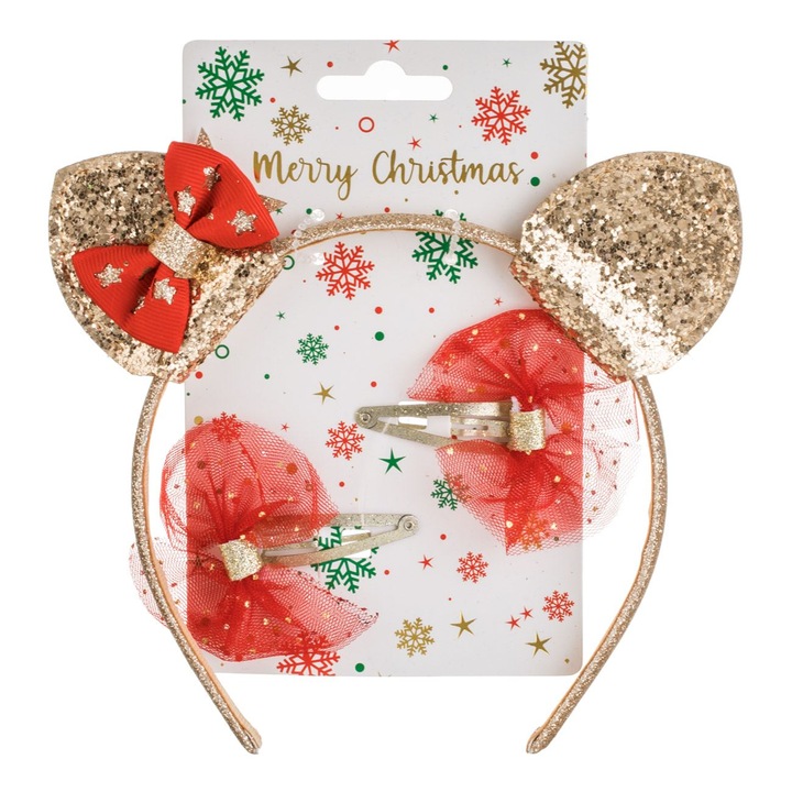 Set coroniță de păr și 2 cleme, design de Crăciun, auriu/rosu, 3 piese