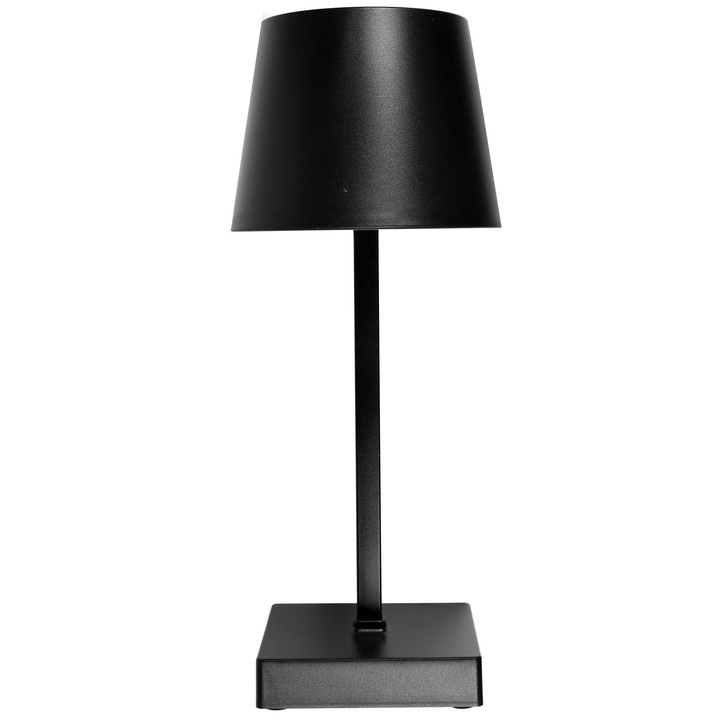 Lampa de masa LED, veioza cu abajur, culoare neagra, utilizare universala dormitor, birou, living, masa terasa, gradina, lumina calda, dimabila, incarcare USB cablu Type C sau 3xAAA, material ABS, aluminiu, PS, 26 cm inaltime, IP20, 120lm, 2800-3200K