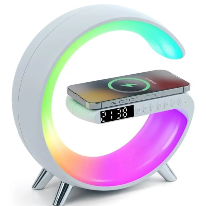 Multifunkcionális lámpa vezeték nélküli töltéssel, órával, ébresztővel és Bluetooth hangszóróval Fehér