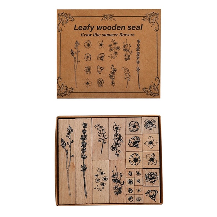 Комплект от 22 дървени печата с цветя, винтидж стил, кафяви, различни размери