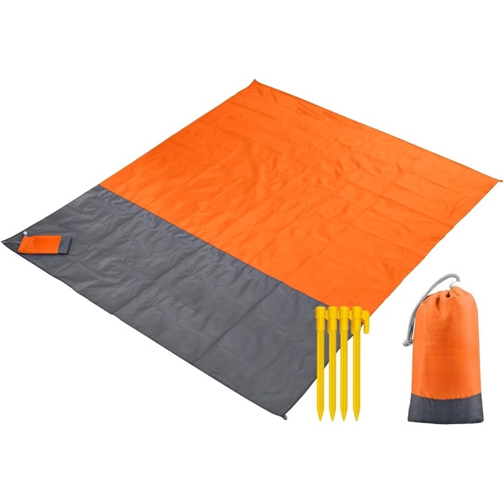 Одеяло за пикник или плажна постелка, 200x210 см, Сгъваемо, Леко, Може да се пере, Идеално за почивки, плаж и дейности на открито, Оранжево/Сиво