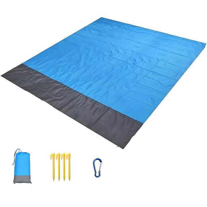 Одеяло за пикник или плажна постелка, 200x210 см, Сгъваемо, Леко, Може да се пере, Идеално за почивки, плаж и дейности на открито, Синьо/Сиво