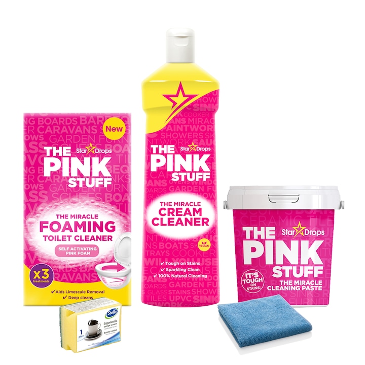Pachet Curatenie Eficienta The Pink Stuff, Crema de curatare 500 ml, Pasta Curatare 850 g, Pudra Spumanta 300g, Laveta si Burete