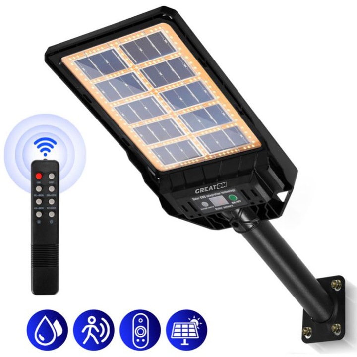 Lampa Solara GREATON Cu Panou Solar Monocristalin, Pentru Gradina Sau Casa, Senzori Miscare si Lumina, Control Telecomanda, Design Slim, 4 Moduri Lumina, Rezistenta La Apa Si Intemperii, Accesorii Montaj Incluse, 318 LED, 3200 LM, 300 W