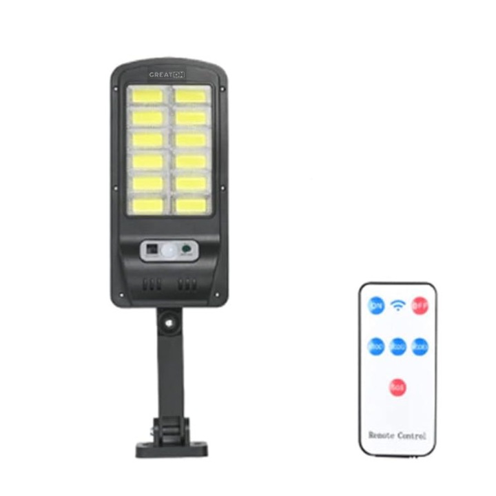 Lampa De Exterior GREATON Cu Panou Solar Incorporat, 120 Led Cob, Rezistenta la Apa IP65, Pentru Gradina, Alee, Intrare Casa, Lumina Neutra, Control Telecomanda, Senzori Lumina Si Miscare, Negru