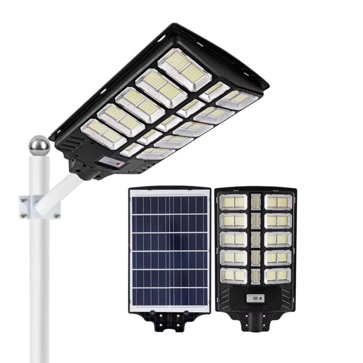 Lampa Solara Stradala LED 1500W ELARO, Panou Fotovoltaic, Senzor Miscare, Telecomanda, Iluminat Exterior Automat, Rezistenta la Apa IP67, 3 Moduri de Iluminare, Autonomie Extinsa