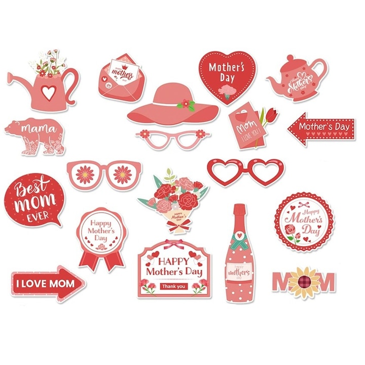 Комплект от 18 парти аксесоара, Flippy, реквизит за ъгъл за снимки, тема за деня на майката, многоцветен