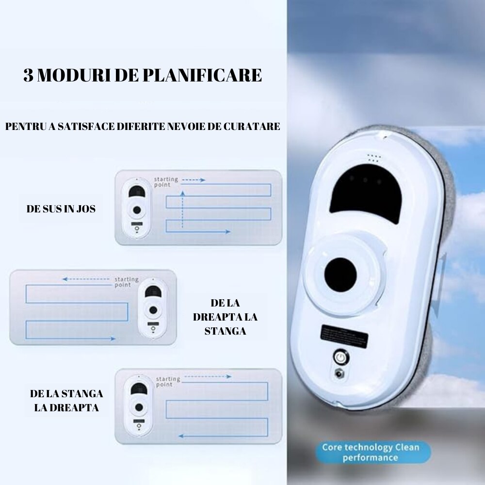 Robot autonom curatare geamuri, Sistem de Backup, Identificare Obstacole si Margine, Telecomanda, Alb