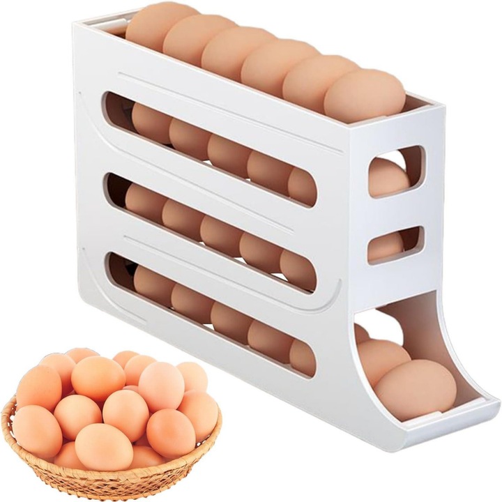 Macvi® tojásrendező, 4 szint, automata gurítás, 30 db tojás, 36x7x20 cm, fehér, okos helytakarékos hűtőben