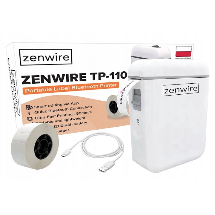Мини термопринтер, Zenwire, TP-110, 50 mm/s, 203 DPI, Вградена батерия 1200 mAh, 30 km обхват на печат, Без тонер, Bluetooth, Компактен, Термопринтер Съвместим с Windows, Apple IOS и Android