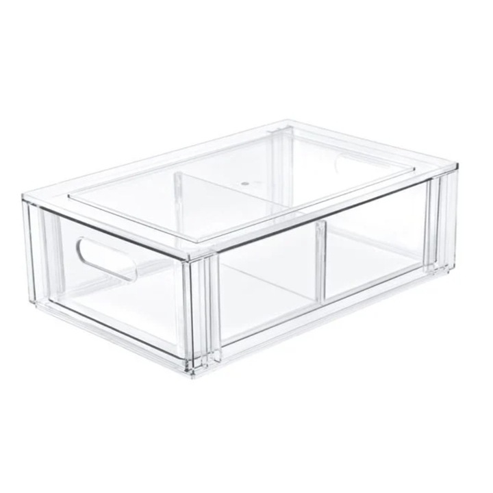 Sertar organizator cu 2 compartimente, pentru frigider, plastic, transparent, 32x21x10.5cm