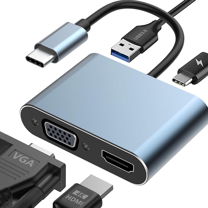 USB Type C към HDMI VGA 4 в 1 адаптер, Rqiurpn, 4K@30Hz, USB 3.0 порт, 100 W PD зареждане, Plug & Play, сребрист