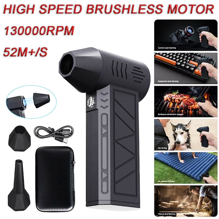 Преносим вентилатор със сгъстен въздух, Elixir®, 130000RPM 52 M/s Скорост на въздуха 3 скорости, 4000 mAh, Черен