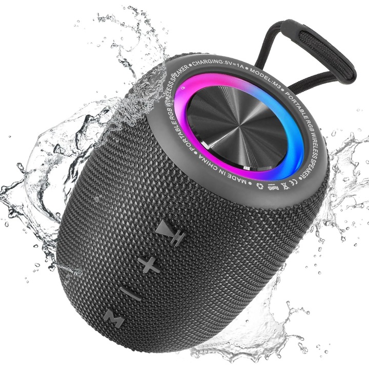 Преносим Bluetooth високоговорител Dussdote, Bluetooth 5.3, LED светлини, 10 часа живот на батерията, функция FM радио, TWS връзка, MicroSD карта, 8W, устойчив на пръски и прах, капацитет на батерията 1200 mAh, черен