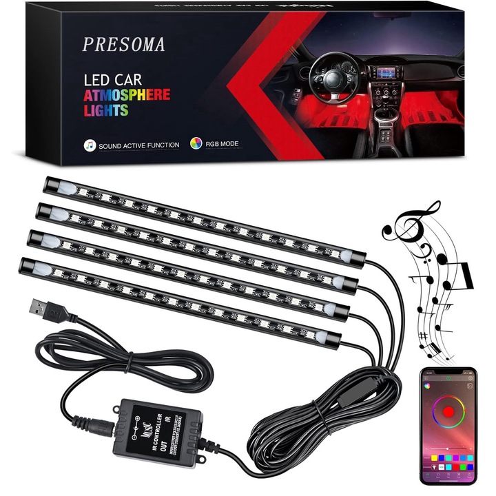 Амбиентно осветление за кола, управление чрез приложение, регулируема интензивност, 4 ленти, 48 LED-а, музикален сензор, USB, включено окабеляване, многоцветно